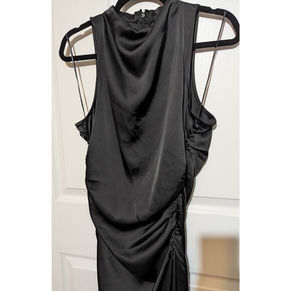 CeCe Black Satin Mock Neck Sleeveless Drape Ruched Sheath Midi Dress Size 10 - Picture 6 of 11
